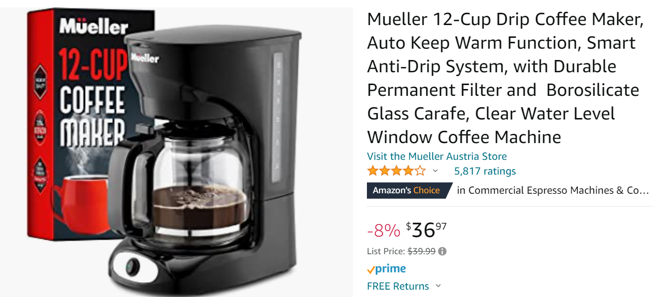 Mueller 12-Cup Drip Coffee Maker, Auto Keep Warm Function, Smart 12 Cup